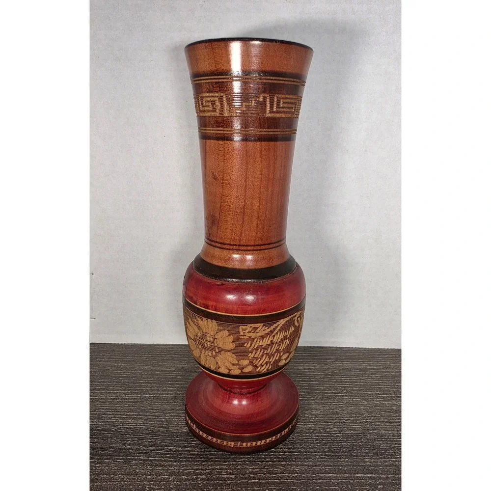 Vintage Hand Carved Wooden Bud Vase Floral Etched Two Tone Brown Red 8